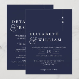Navy Blue Allt-i-ett Modern Monogram Bröllop Inbjudningar