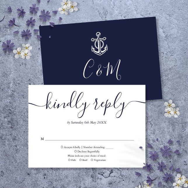 Navy Blue Anchor Monogram Marin Bröllop OSA Kort (Navy Blue Anchor Monogram Nautical Wedding RSVP Card)