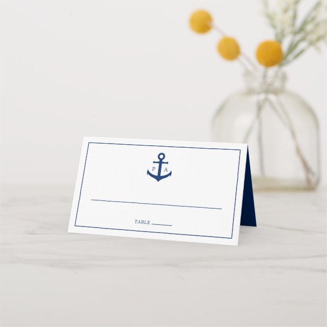 Navy Blue Anchor Monogram Marin Bröllop Placeringskort (Framsida)