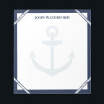 Navy Blue Anchor & Rope Nautical Lägg till ditt na Anteckningsblock<br><div class="desc">Nautiskt anteckningsblock med marint blått gräns, vita rep, en ankare för bleken och ditt namn. Gå ner anteckningar och sak för att komma ihåg anteckningsblocket med nautiskt färg och personlig med ditt namn i det här ankaret. Ett anteckningsblock för kaptenen i ditt liv med rep, ankare och namn i marinblått....</div>