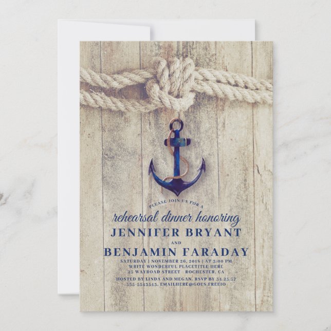 Navy Blue Anchor Rustic Nautical Rehearsal Middag Inbjudningar (Framsida)
