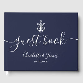 Navy Blue Anchor Script Nautilus Bröllop Gästböcker