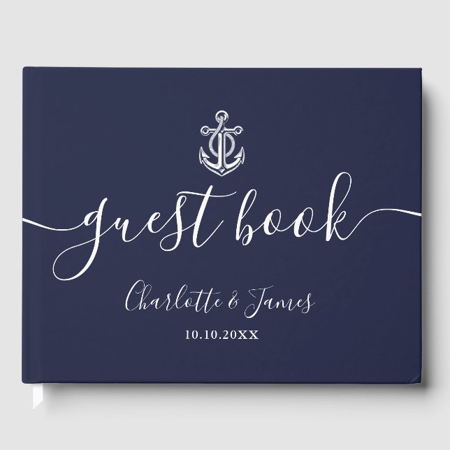 Navy Blue Anchor Script Nautilus Bröllop Gästböcker (Framsida)