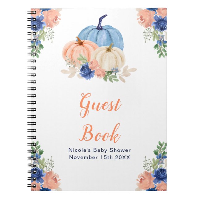 Navy Blue and Blush Floral Pumpkins Baby Shower Anteckningsbok (Framsidan)