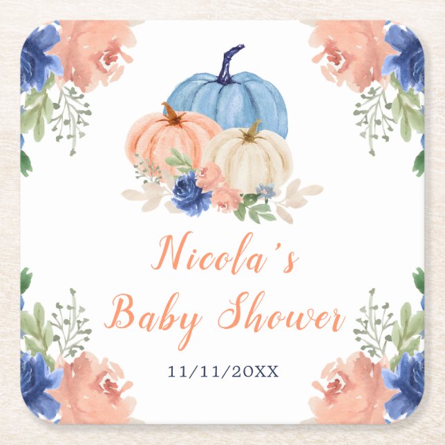 Navy Blue and Blush Floral Pumpkins Baby Shower Underlägg Papper Kvadrat (Framsidan)