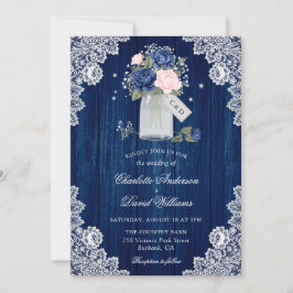 Navy Blue and Blush Lace Mason Jar Floral Wedding Inbjudningar