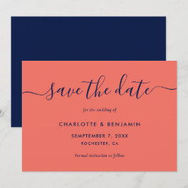 Navy Blue and Coral Modern Script Bröllop Spara Datumet