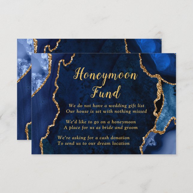Navy Blue and Gold Agate Honeymoon Fund Tilläggskort (Fram/baksida)