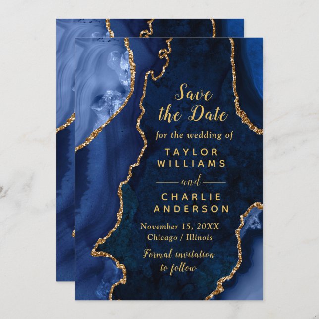 Navy Blue and Gold Agate Marble Save The Date Inbjudningar (Fram/baksida)