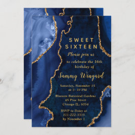Navy Blue and Gold Agate Marble Sweet Sixteen Inbjudningar