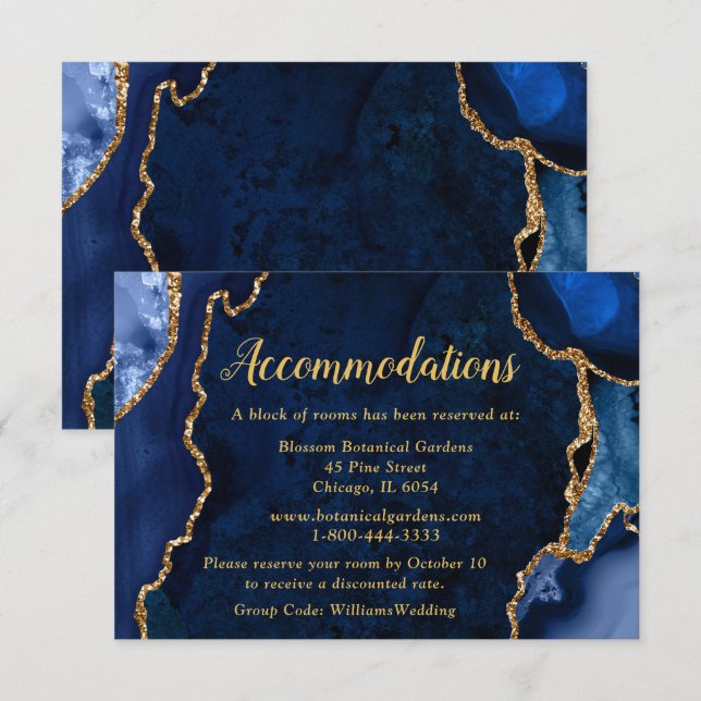 Navy Blue and Gold Agate Wedding Accommodations Tilläggskort (Fram/baksida)