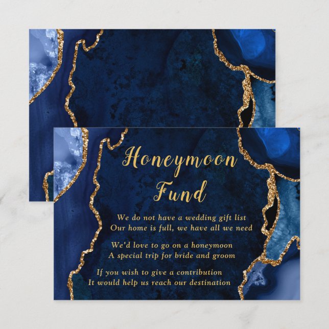 Navy Blue and Gold Agate Wedding Honeymoon Fund Tilläggskort (Fram/baksida)