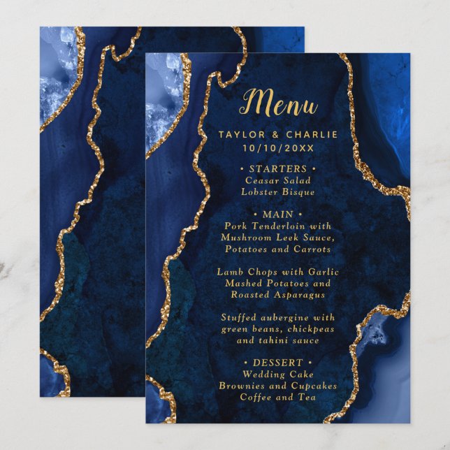 Navy Blue and Gold Agate Wedding Menu Meny (Fram/baksida)