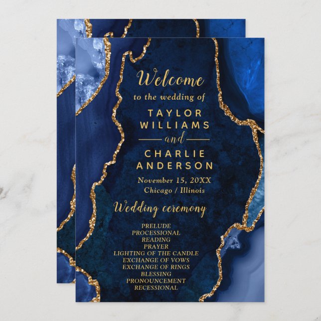 Navy Blue and Gold Agate Wedding Program (Fram/baksida)