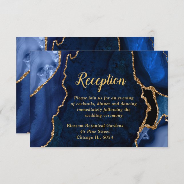 Navy Blue and Gold Agate Wedding Reception Tilläggskort (Fram/baksida)