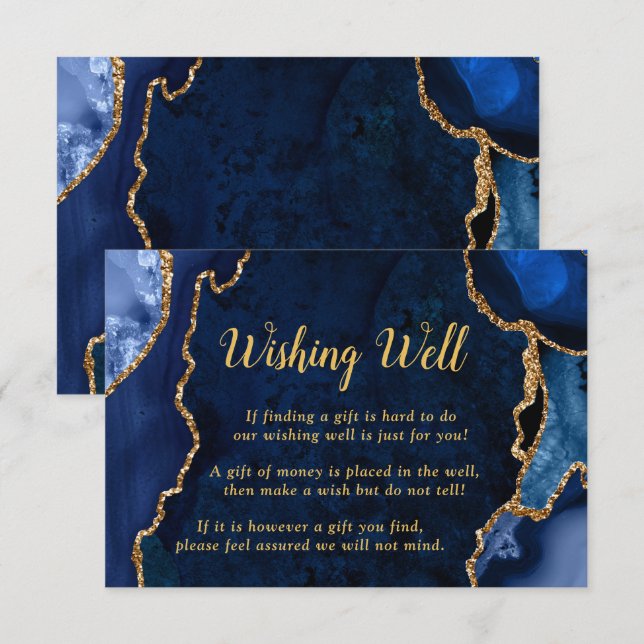 Navy Blue and Gold Agate Wedding Wishing Well Tilläggskort (Fram/baksida)