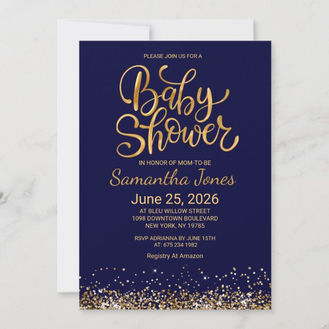 Navy Blue and Gold Baby Shower Invitation Inbjudningar (Framsida)