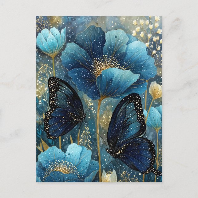 Navy Blue and Gold Butterfly with Teal Flower Vykort (Framsida)