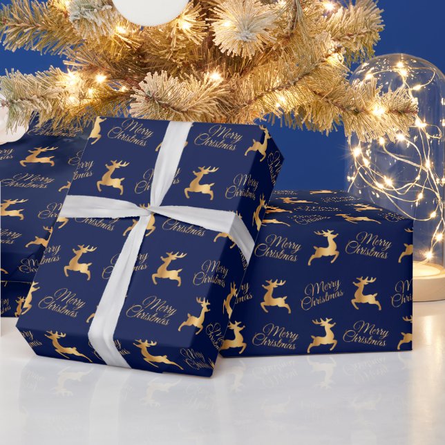 Navy Blue and Gold Christmas Reindeers Presentpapper (Helgdagar)