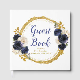 Navy Blue and Gold Elegant Flowers Birthday Party Gästböcker