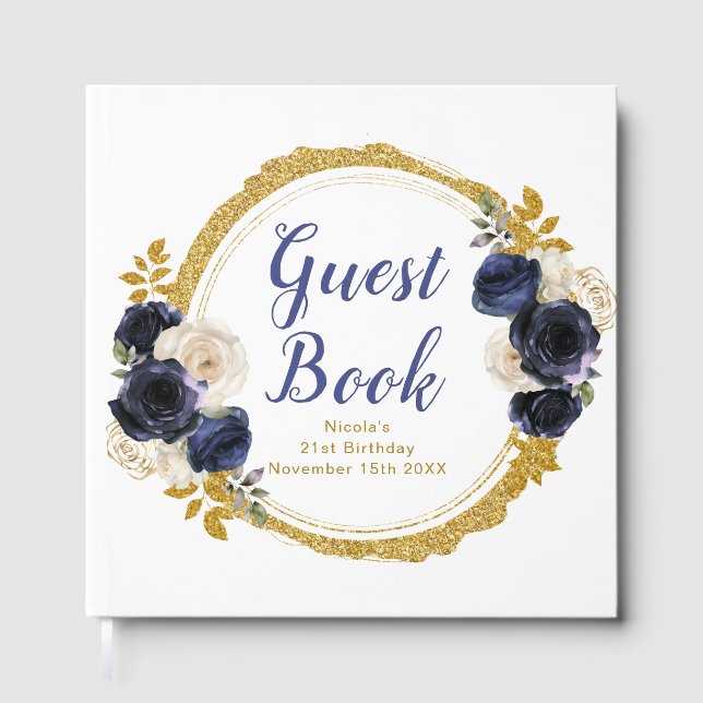 Navy Blue and Gold Elegant Flowers Birthday Party Gästböcker (Framsida)