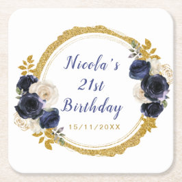 Navy Blue and Gold Elegant Flowers Birthday Underlägg Papper Kvadrat