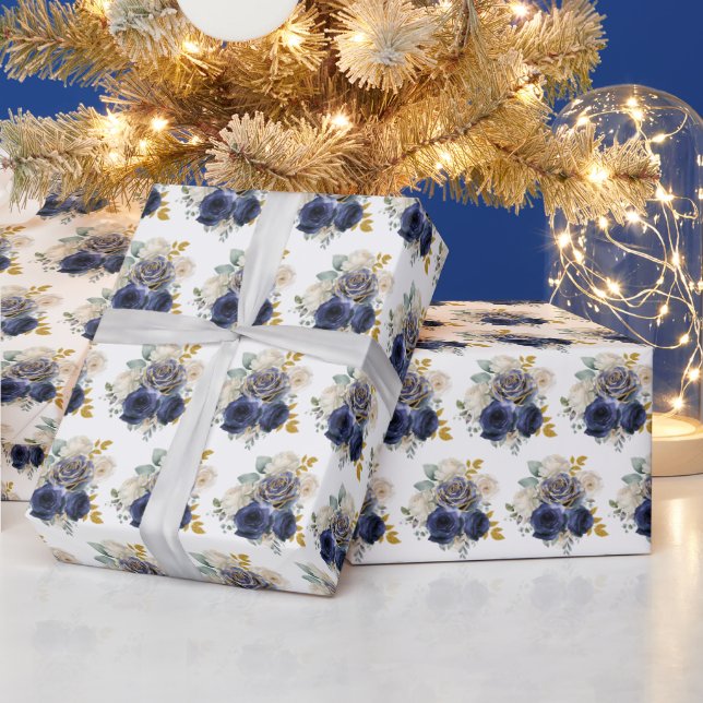 Navy Blue and Gold Elegant Flowers  Presentpapper (Helgdagar)