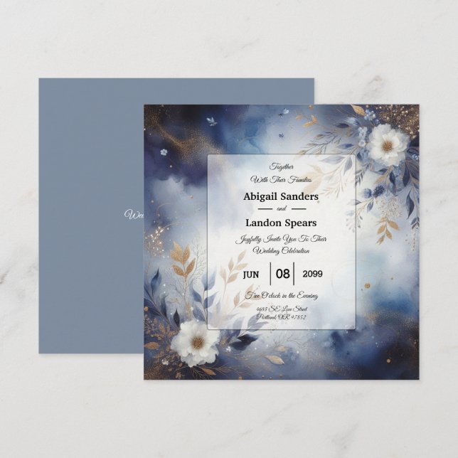 Navy Blue and Gold Floral Wedding  Inbjudningar (Fram/baksida)