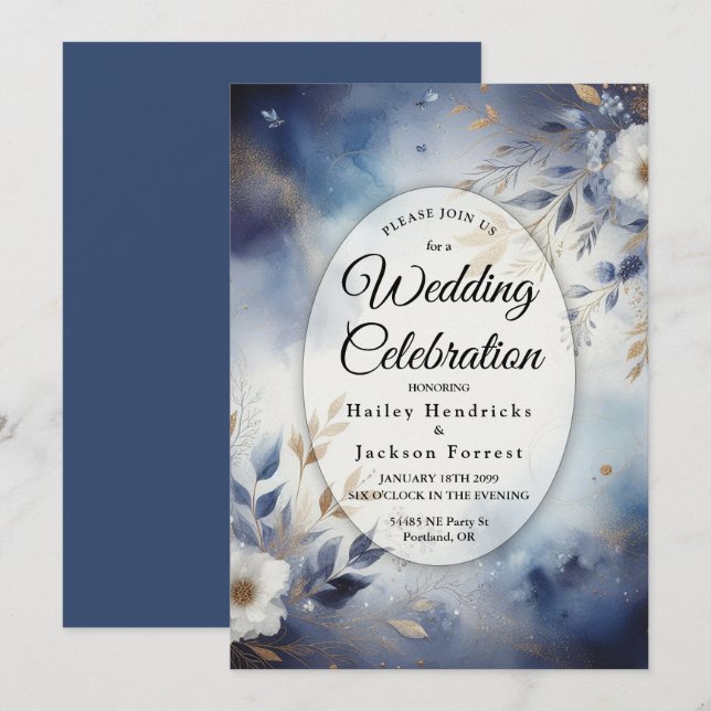 Navy Blue and Gold Floral Wedding Inbjudningar (Fram/baksida)