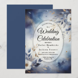 Navy Blue and Gold Floral Wedding Inbjudningar
