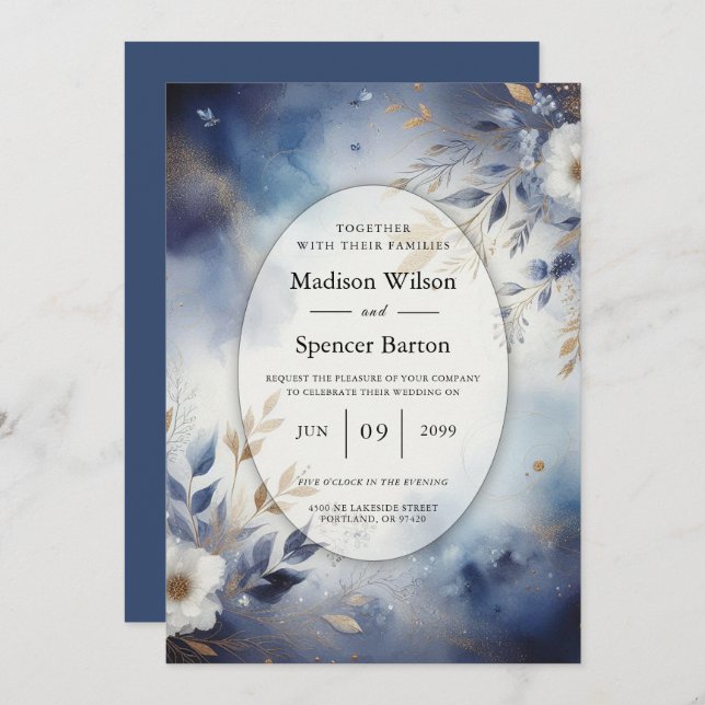 Navy Blue and Gold Floral Wedding Inbjudningar (Fram/baksida)