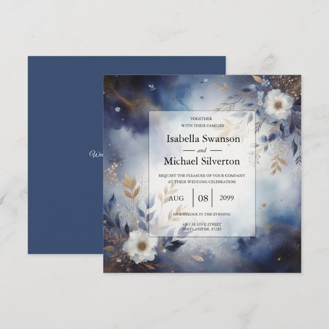 Navy Blue and Gold Floral Wedding  Inbjudningar (Fram/baksida)