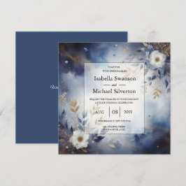 Navy Blue and Gold Floral Wedding Inbjudningar