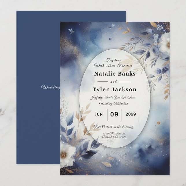 Navy Blue and Gold Floral Wedding Invitation Inbjudningar (Fram/baksida)