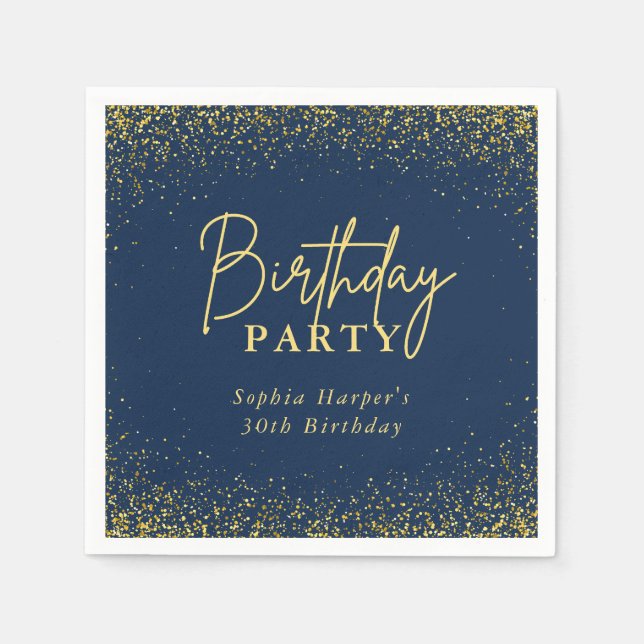 Navy Blue and Gold Glitter Confetti Birthday Party Pappersservett (Framsidan)