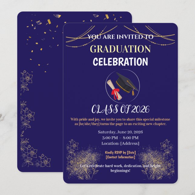 Navy Blue and Gold Graduation Party Save the Date  Inbjudningar (Fram/baksida)