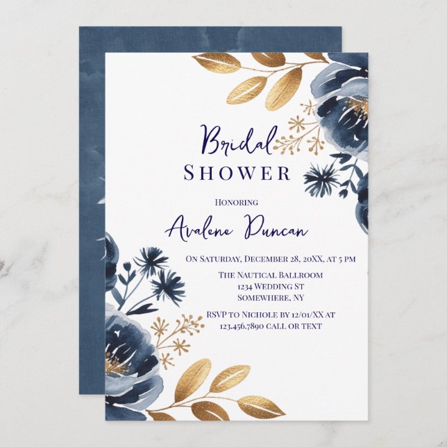 Navy Blue and Gold Peony Bridal Shower Inbjudningar (Fram/baksida)