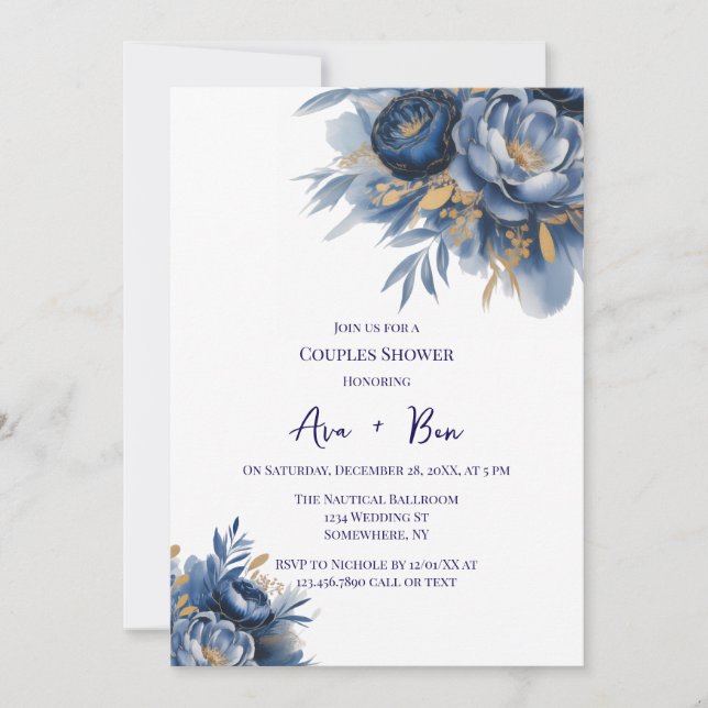 Navy Blue and Gold Peony Flower Couples Shower Inbjudningar (Framsida)