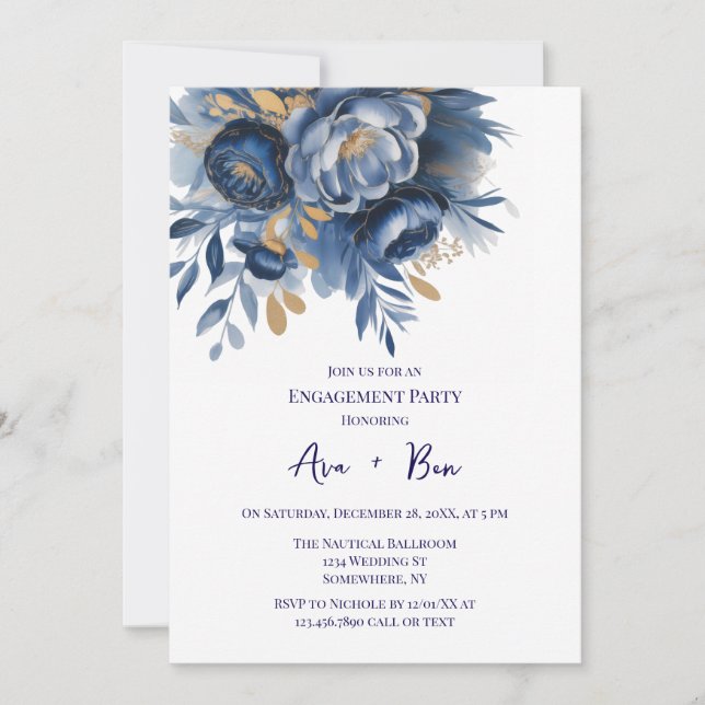 Navy Blue and Gold Peony Flower Engagement Party Inbjudningar (Framsida)