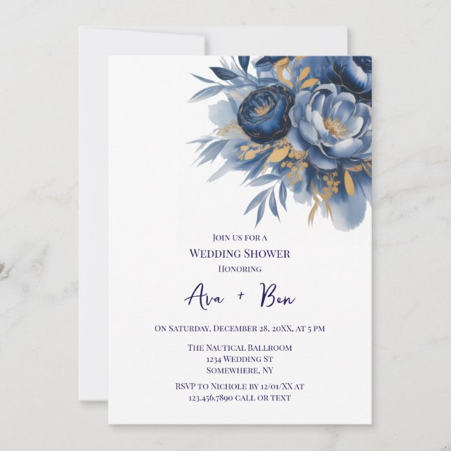 Navy Blue and Gold Peony Flower Wedding Shower Inbjudningar (Framsida)