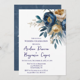 Navy Blue and Gold Peony Wedding Celebration Inbjudningar