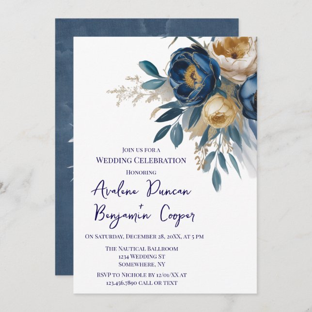 Navy Blue and Gold Peony Wedding Celebration  Inbjudningar (Fram/baksida)