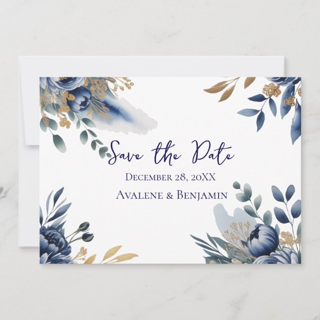 Navy Blue and Gold Peony Wedding Thank You Card (Framsida)