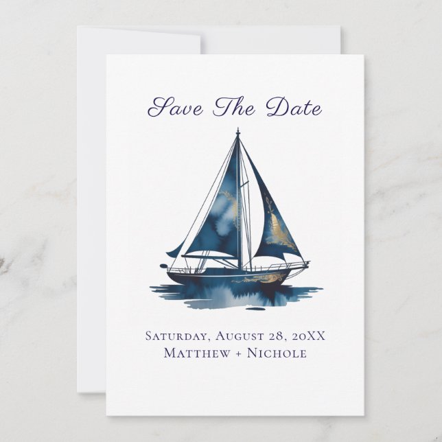 Navy Blue and Gold Sailboat Nautical Wedding Spara Datumet (Framsida)