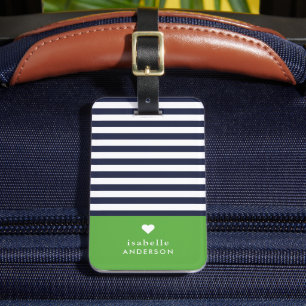 Navy Blue and Grönt Chic Rand Heart Monogram Bagagebricka