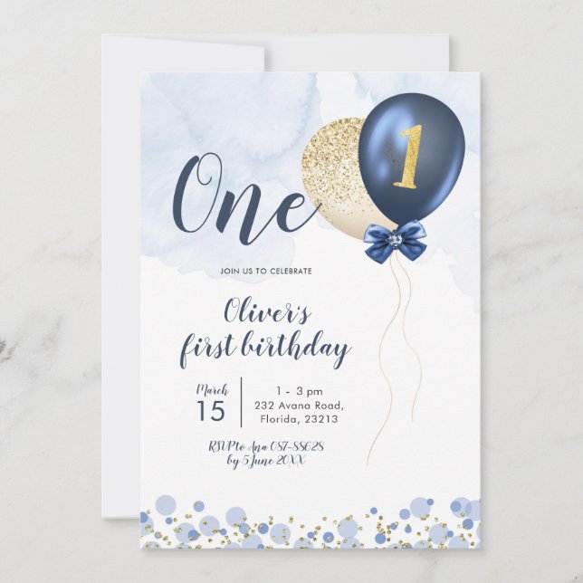 Navy Blue and Guld Balloon Boy First Birthday Inv Inbjudningar (Framsida)