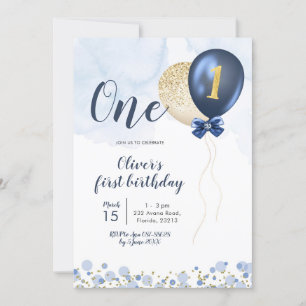 Navy Blue and Guld Balloon Boy First Birthday Inv Inbjudningar