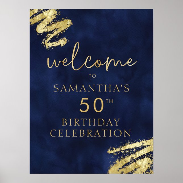 Navy Blue and Guld Birthday Välkommen Poster 18 x  (Framsidan)