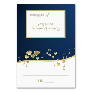 Navy Blue and Guld Hearts Music Seation Card Bordsnummer