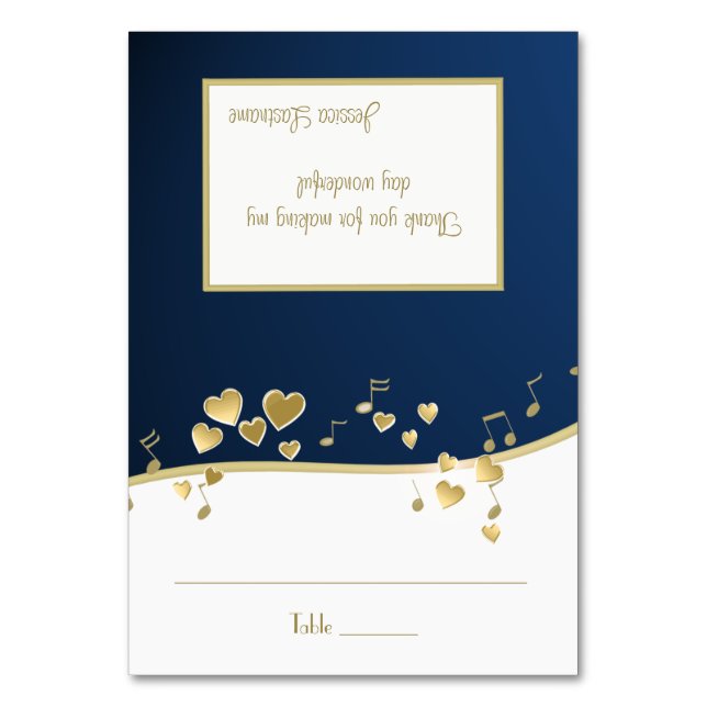 Navy Blue and Guld Hearts Music Seation Card Bordsnummer (Framsidan)